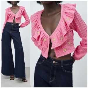 ZARA long sleeve cardigan ruffled v neckline/mini dress embroidered deta…